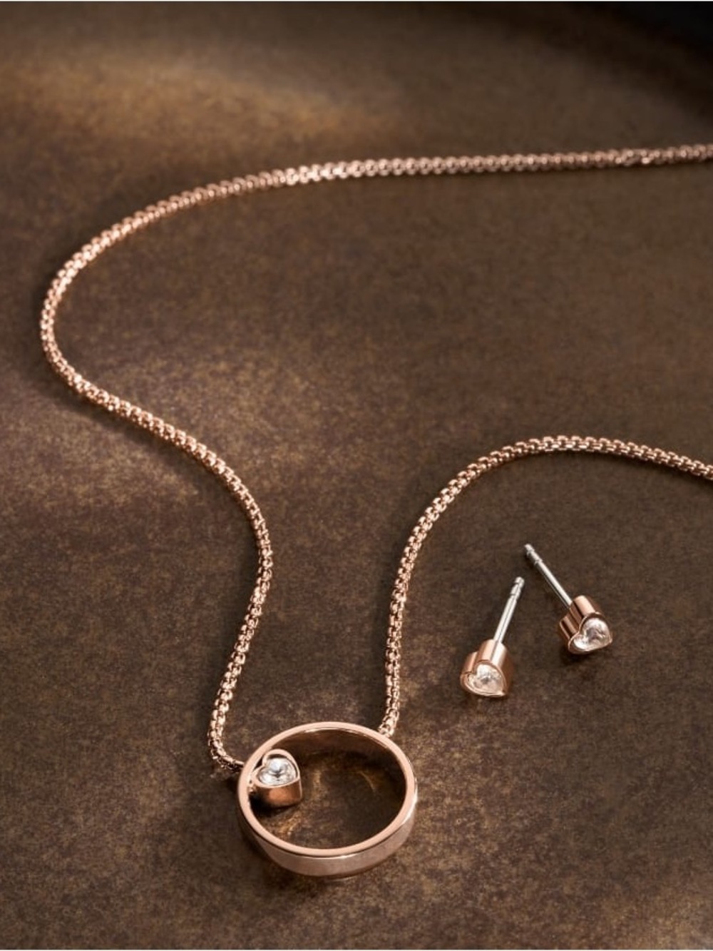 Skagen Rose Gold Stainless Steel Open Circle Pendant Necklace with Crystal Studs